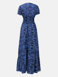 Smocked Printed V-Neck Maxi Dress