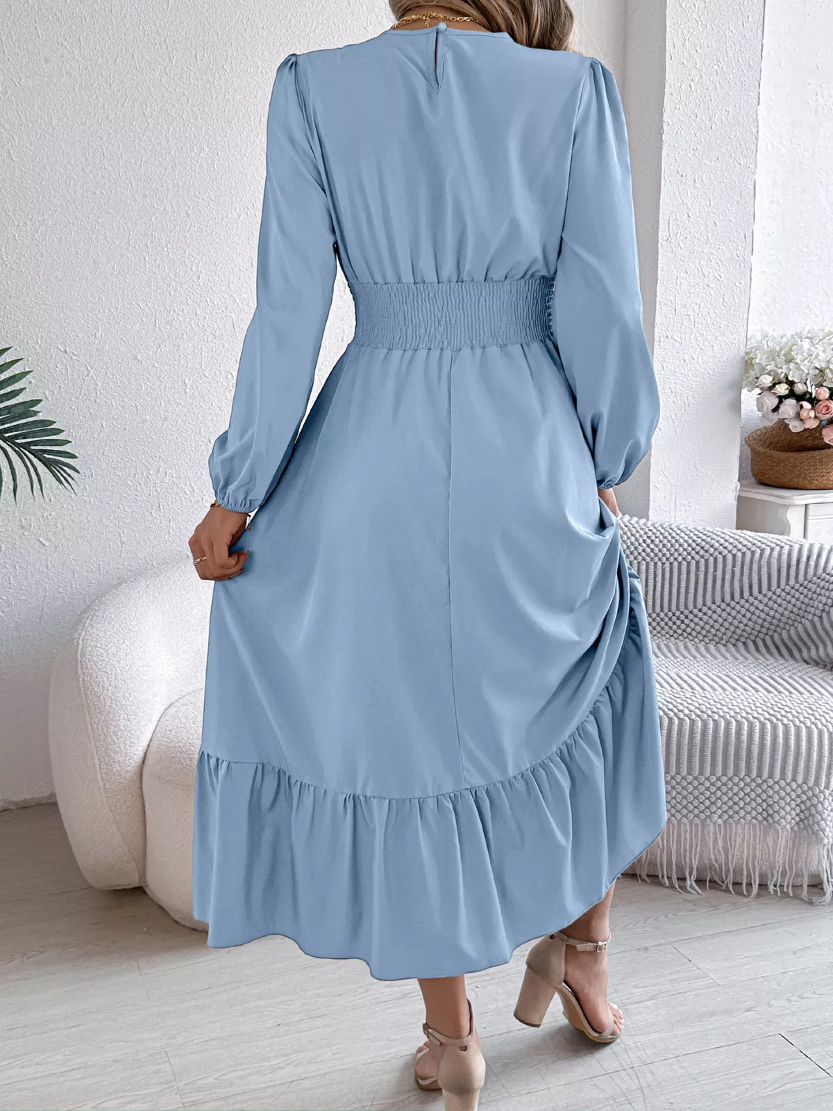 Balloon-Sleeve Tiered Smocked Maxi Dress
