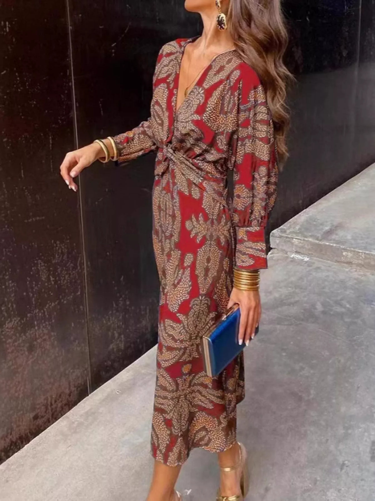 Printed Twist-Front Long-Sleeve Midi Dress
