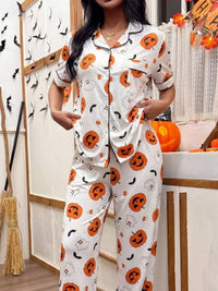 Pumpkin Print Button-Up Pyjama Set