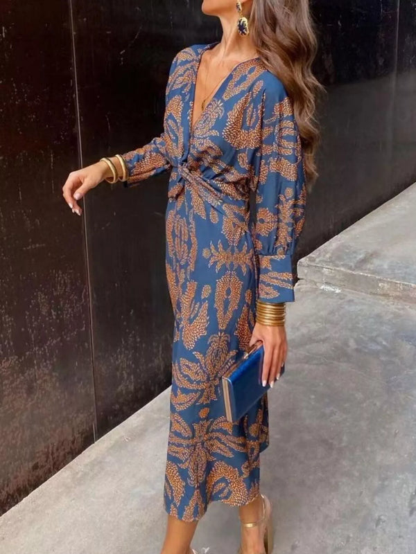 Printed Twist-Front Long-Sleeve Midi Dress