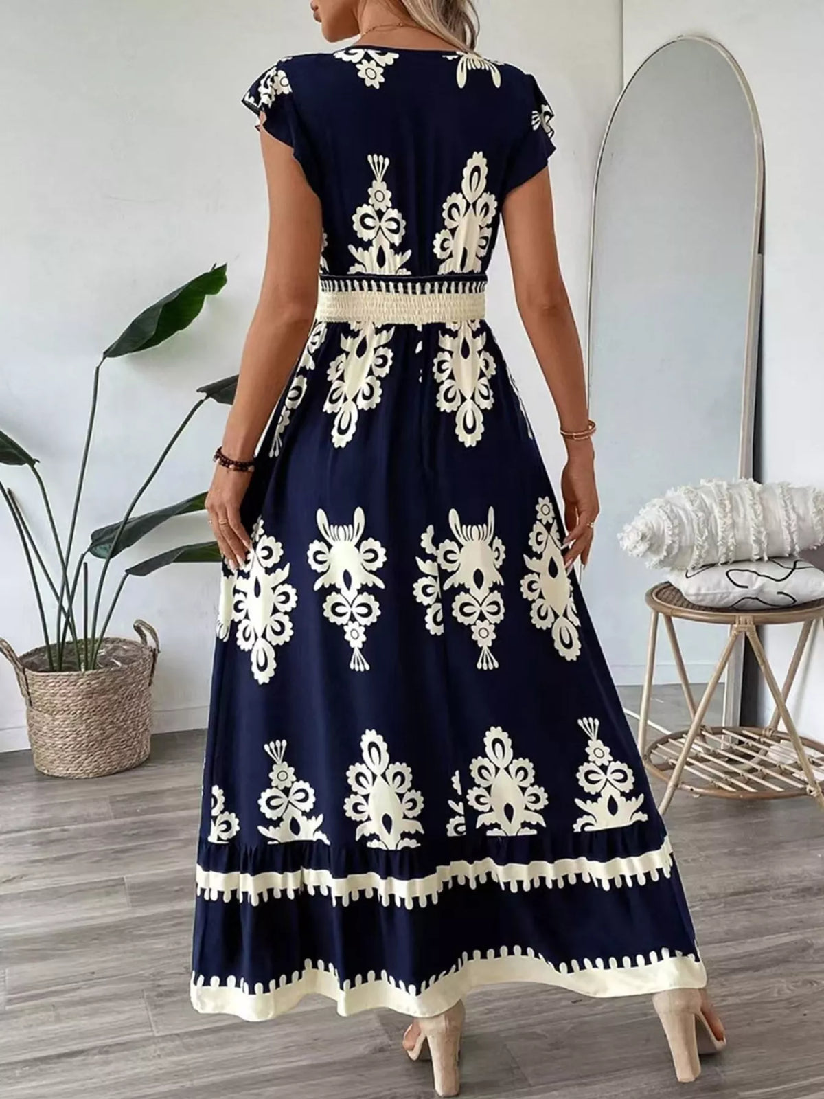 Printed Ruffle V-Neck Maxi Dress