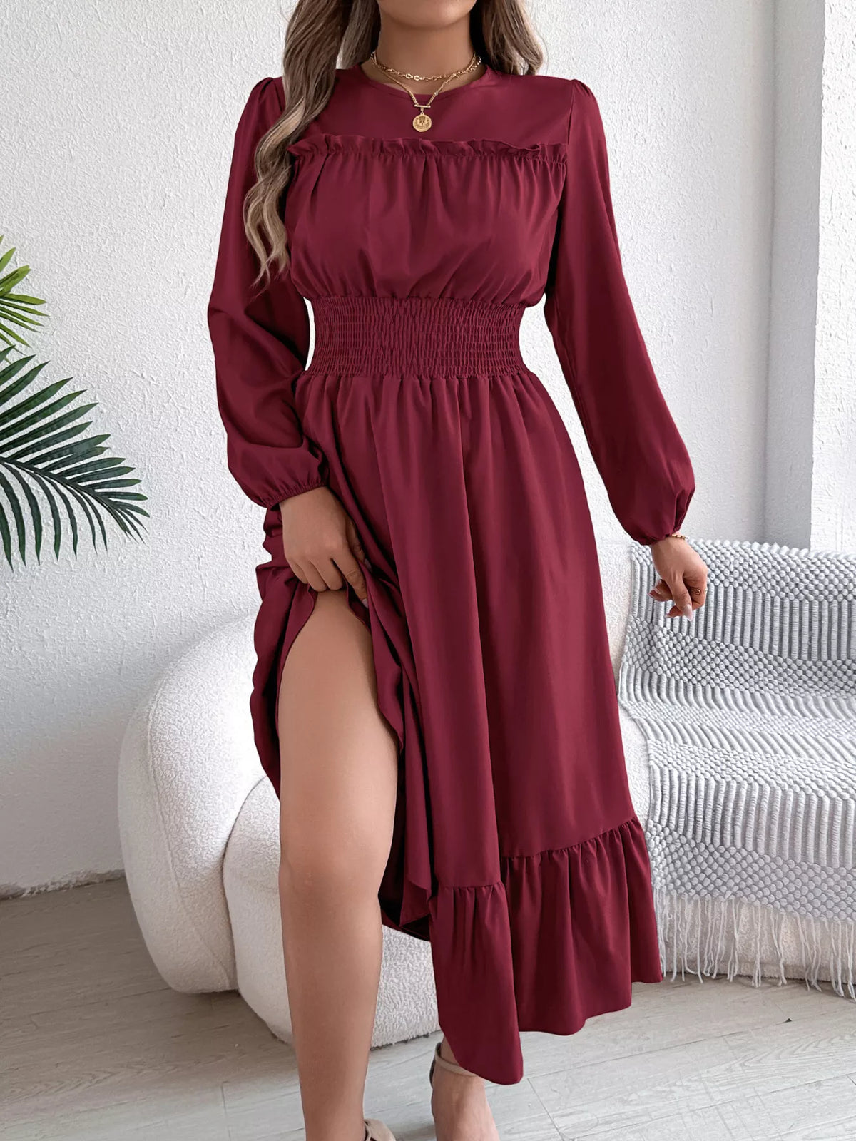 Balloon-Sleeve Tiered Smocked Maxi Dress