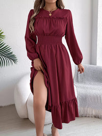 Balloon-Sleeve Tiered Smocked Maxi Dress