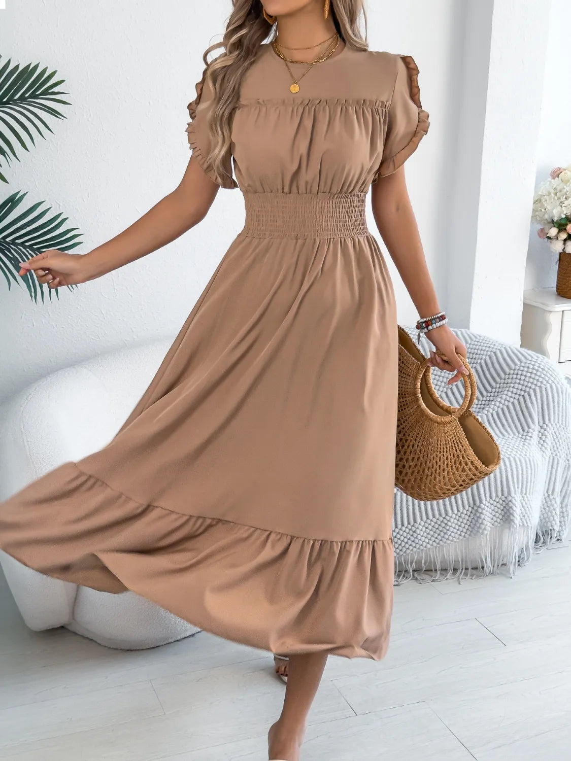Smocked Frill-Neck Midi Dress