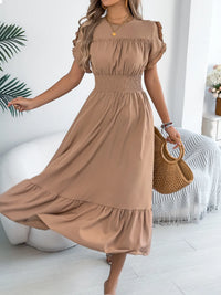 Smocked Frill-Neck Midi Dress