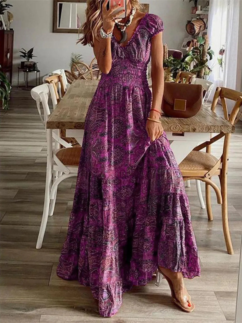 Smocked Printed V-Neck Maxi Dress
