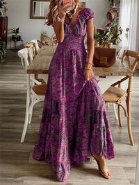Smocked Printed V-Neck Maxi Dress