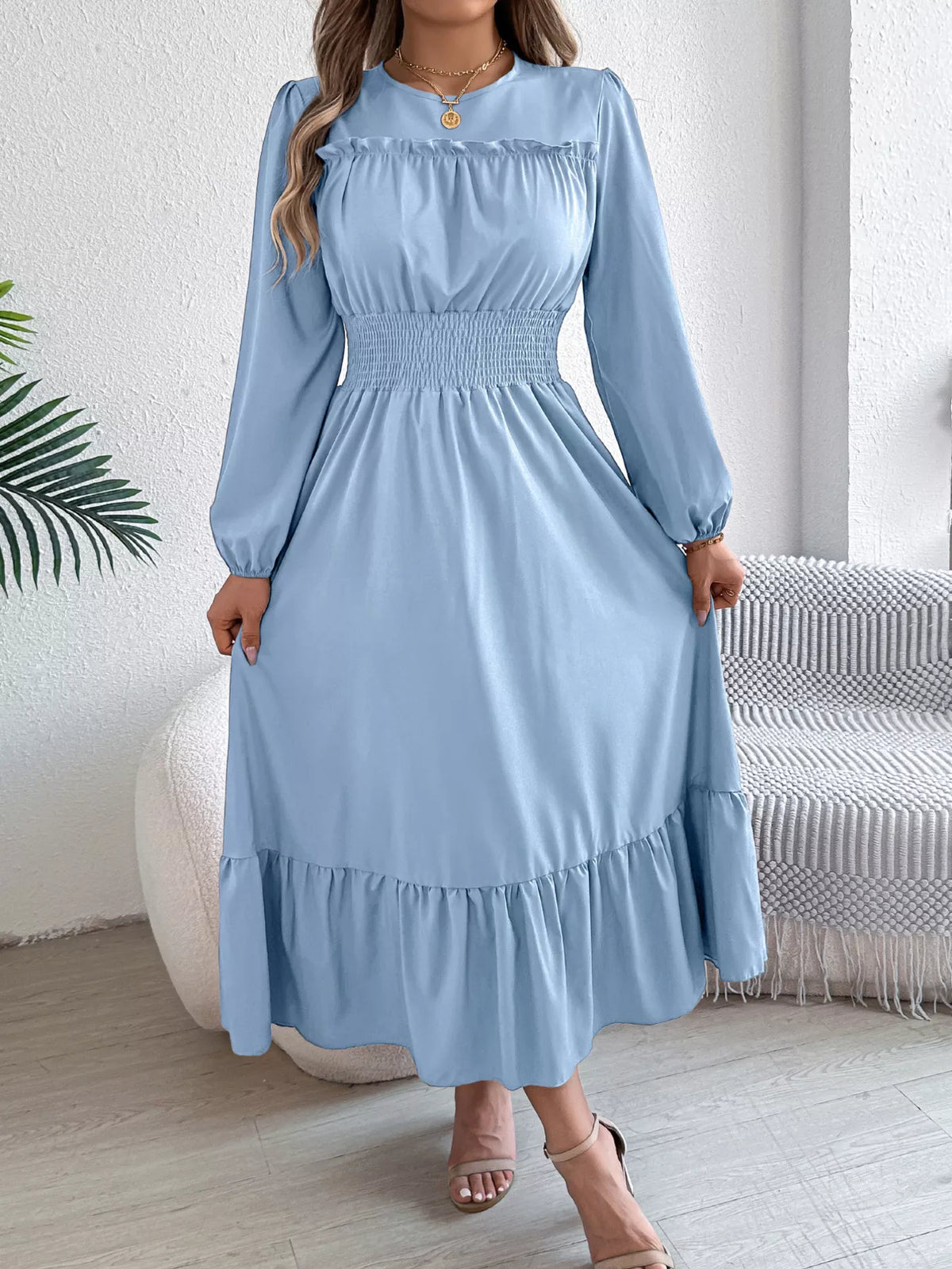Balloon-Sleeve Tiered Smocked Maxi Dress