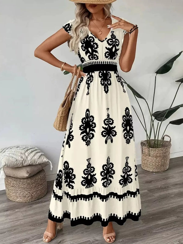 Printed Ruffle V-Neck Maxi Dress