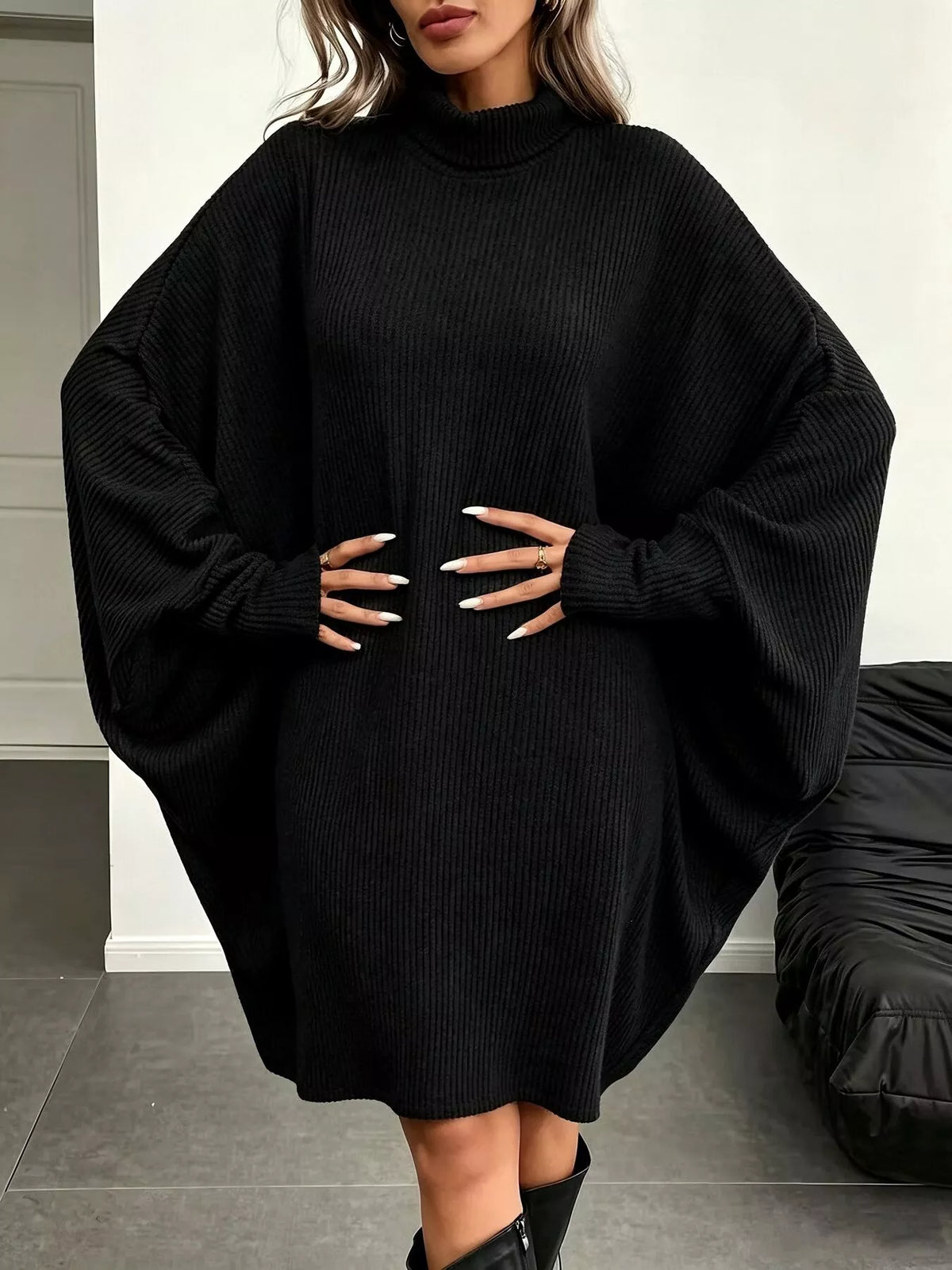 Oversized Ribbed Roll-Neck Jumper Dress