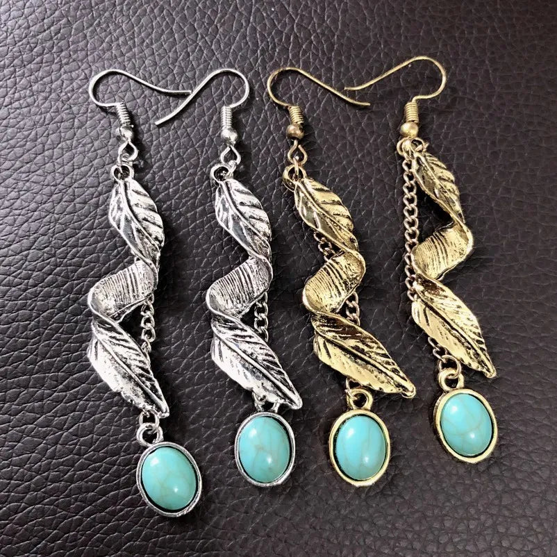 Silver Leaf & Turquoise Drop Earrings