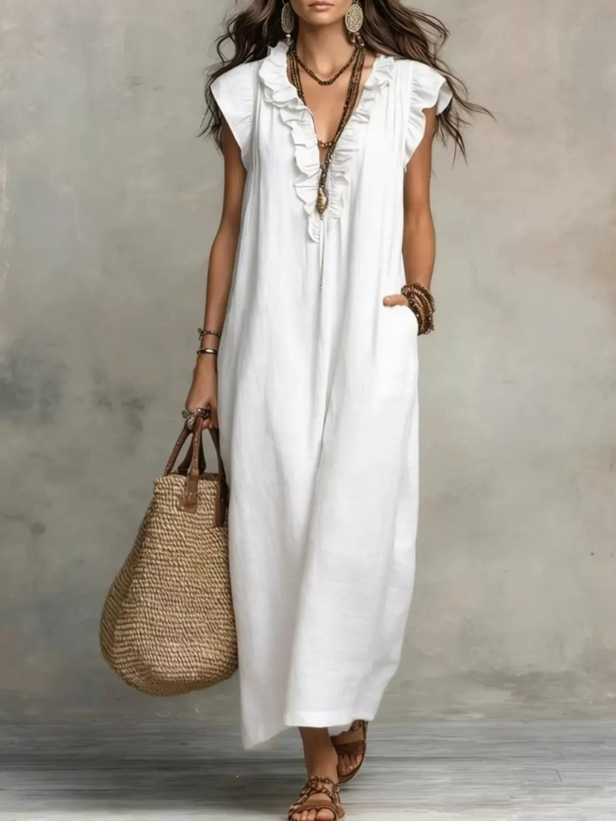 Ruffled Cap-Sleeve Maxi Dress with Pockets