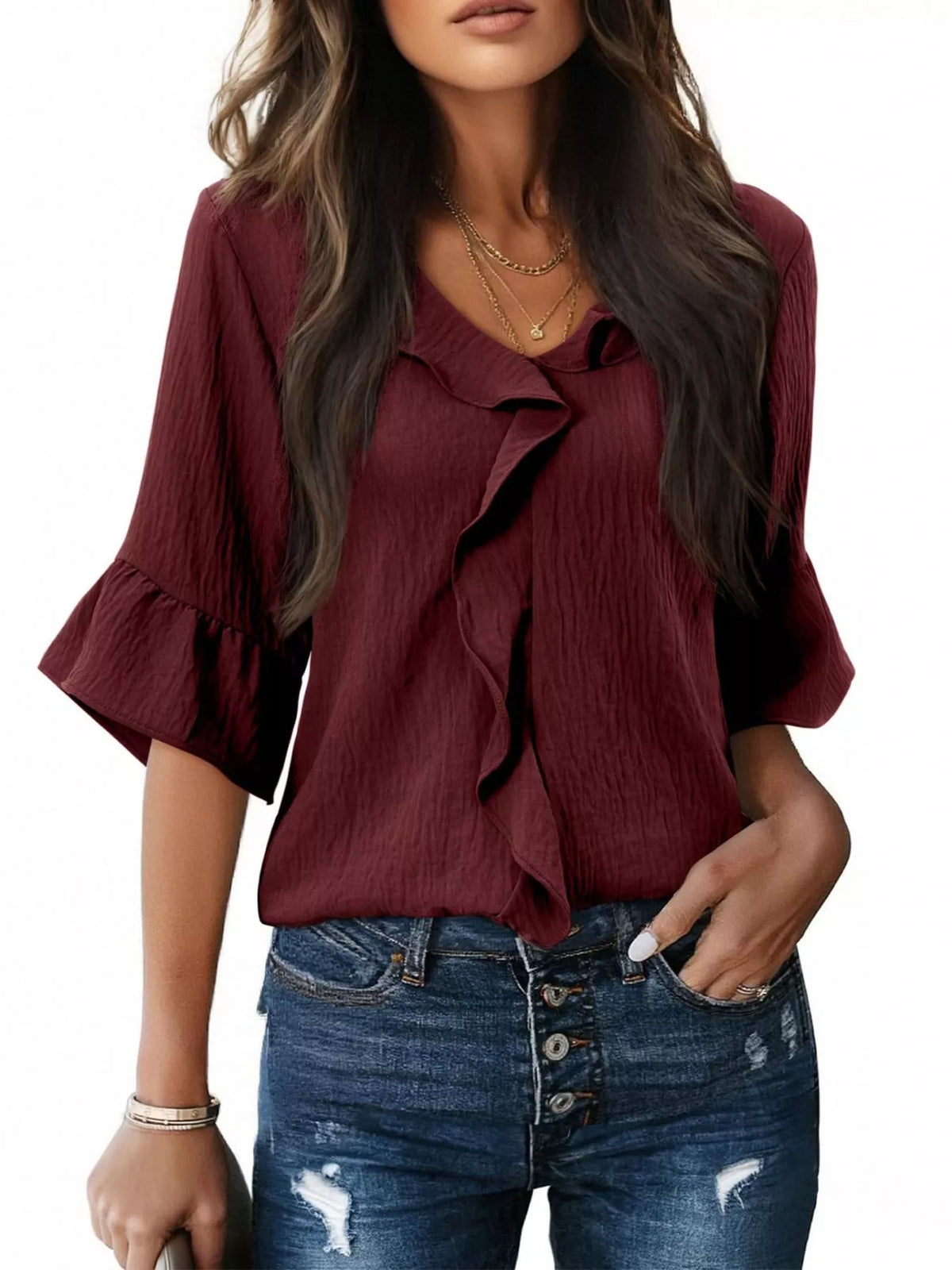 Champagne Ruffle V-Neck Blouse