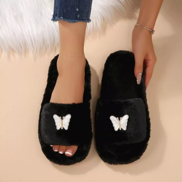 Butterfly Faux-Fur Slider Slippers