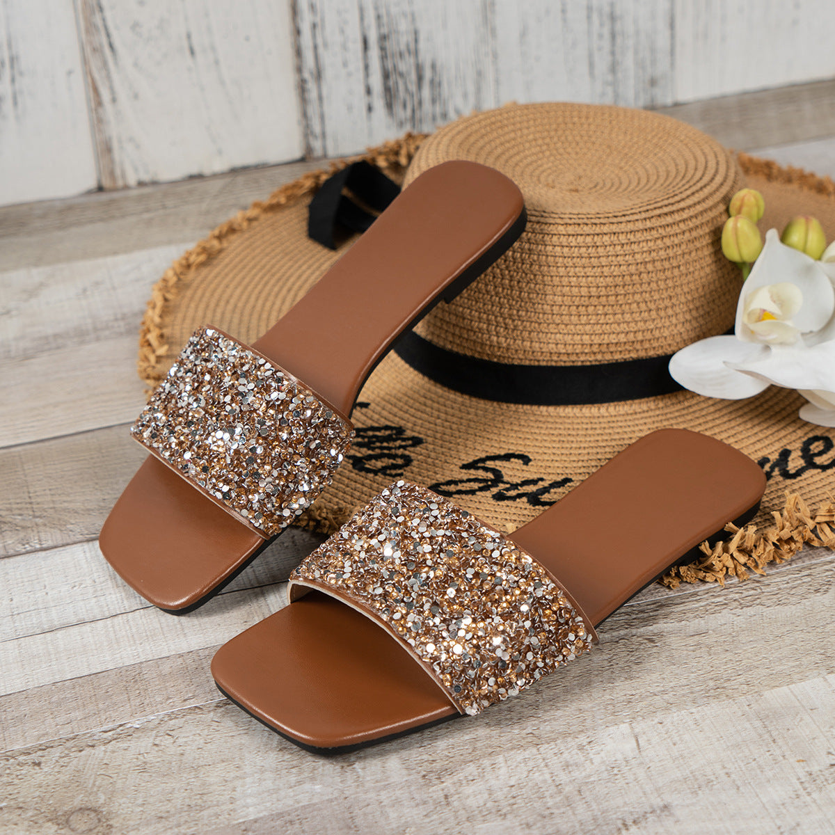 Crystal Strap Flat Sandals
