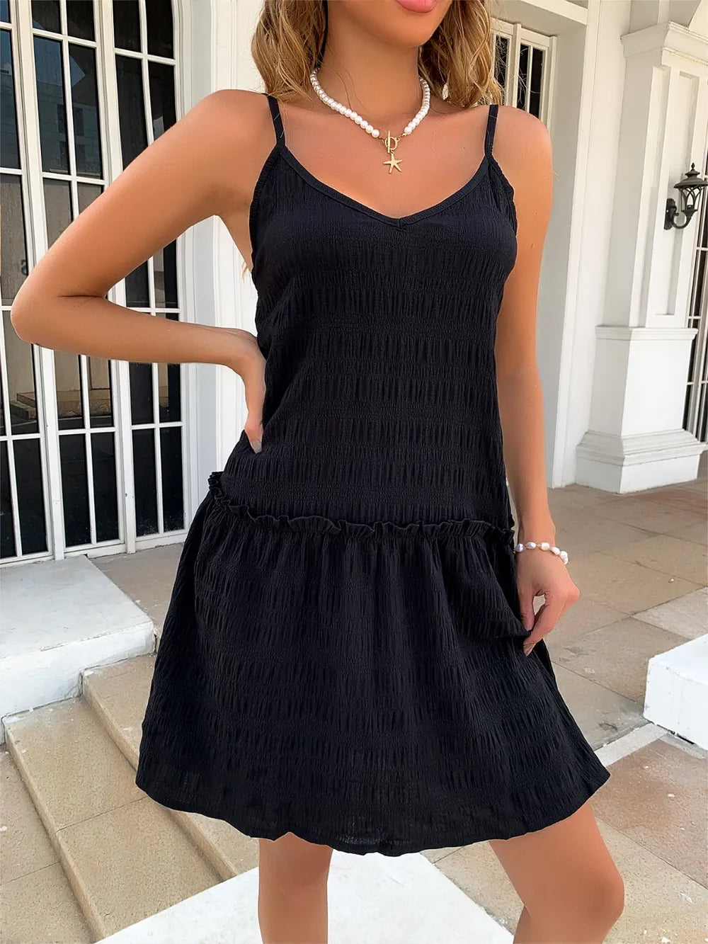 Little Black Ruffle-Hem Cami Dress