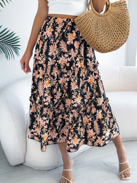 Midnight Floral Ruffle-Hem Midi Skirt