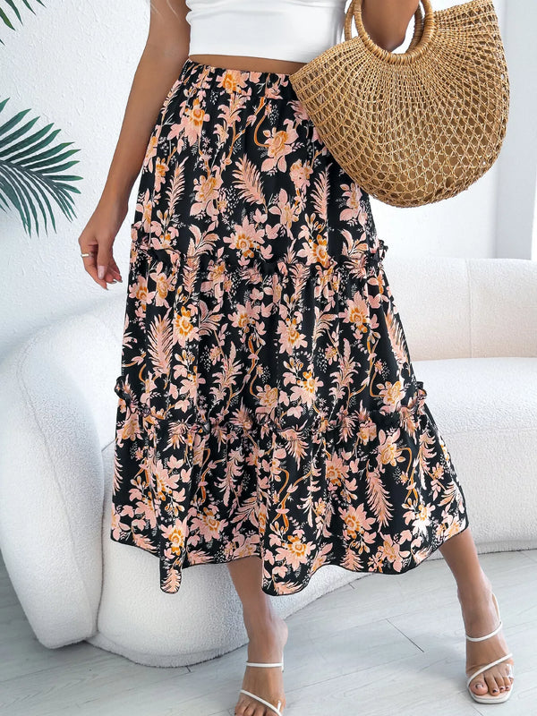 Midnight Floral Ruffle-Hem Midi Skirt