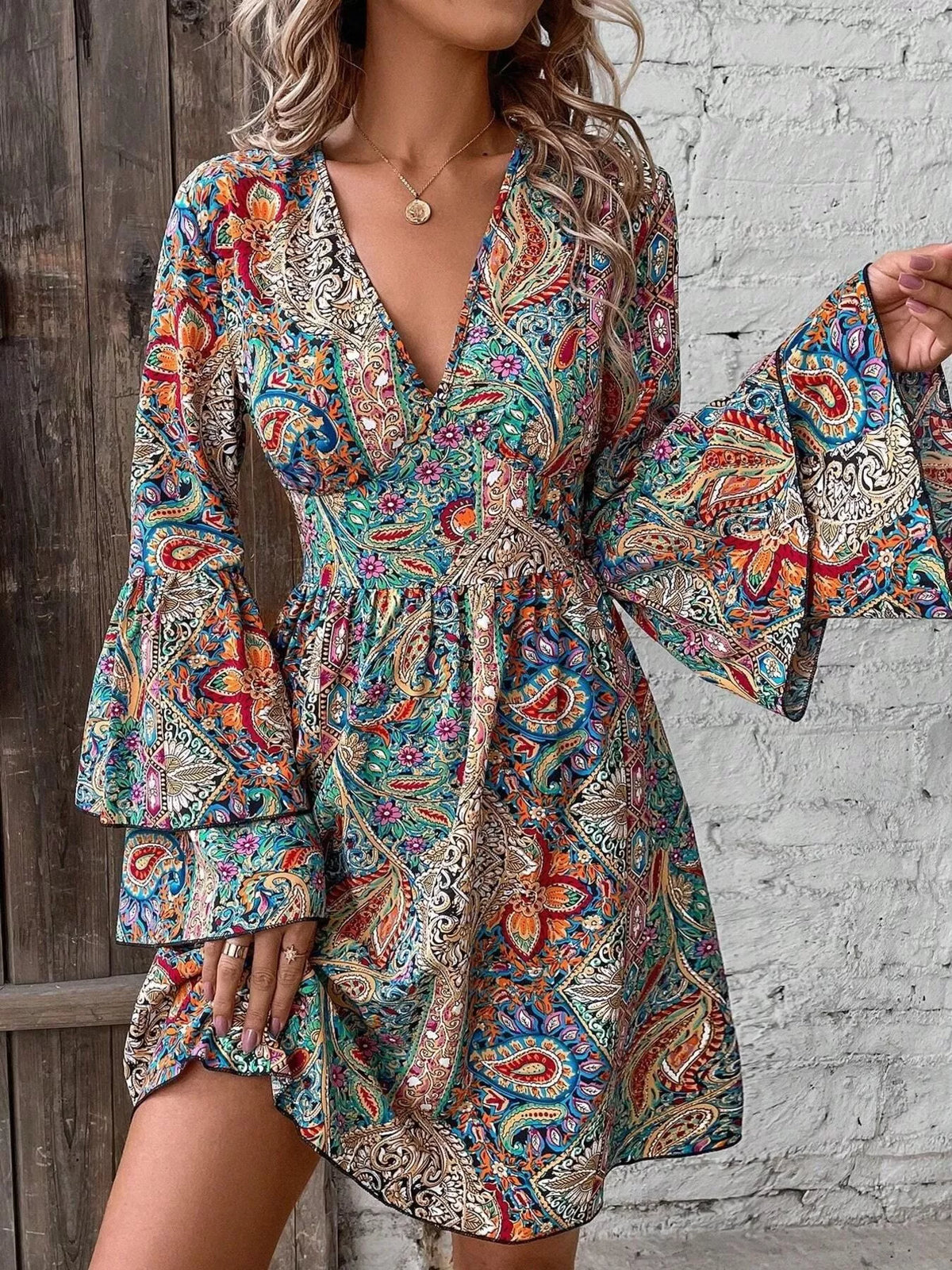 Paisley Bell-Sleeve V-Neck Mini Dress