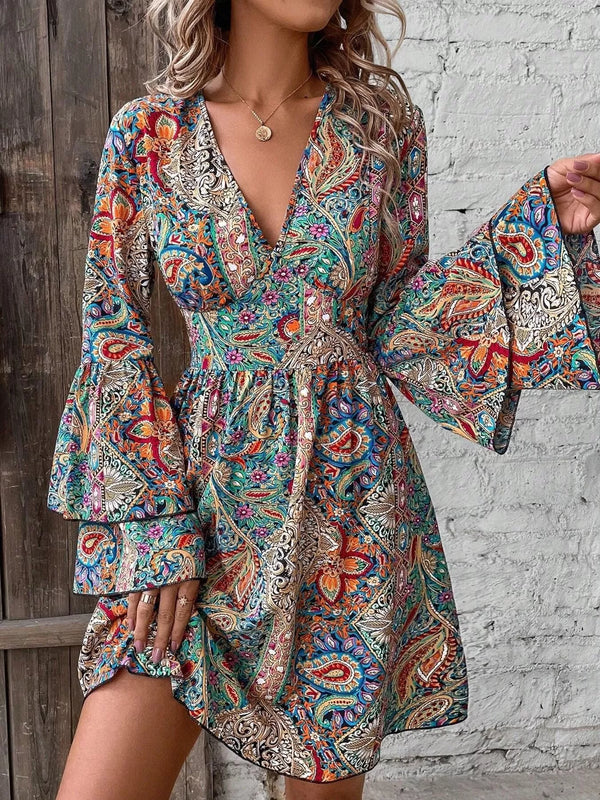 Paisley Bell-Sleeve V-Neck Mini Dress