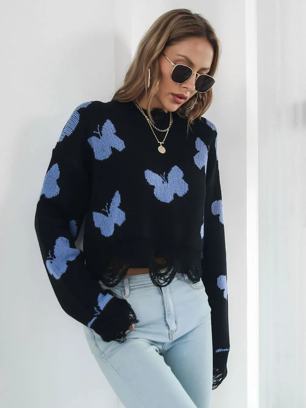 Butterfly Distressed Cropped Jumper