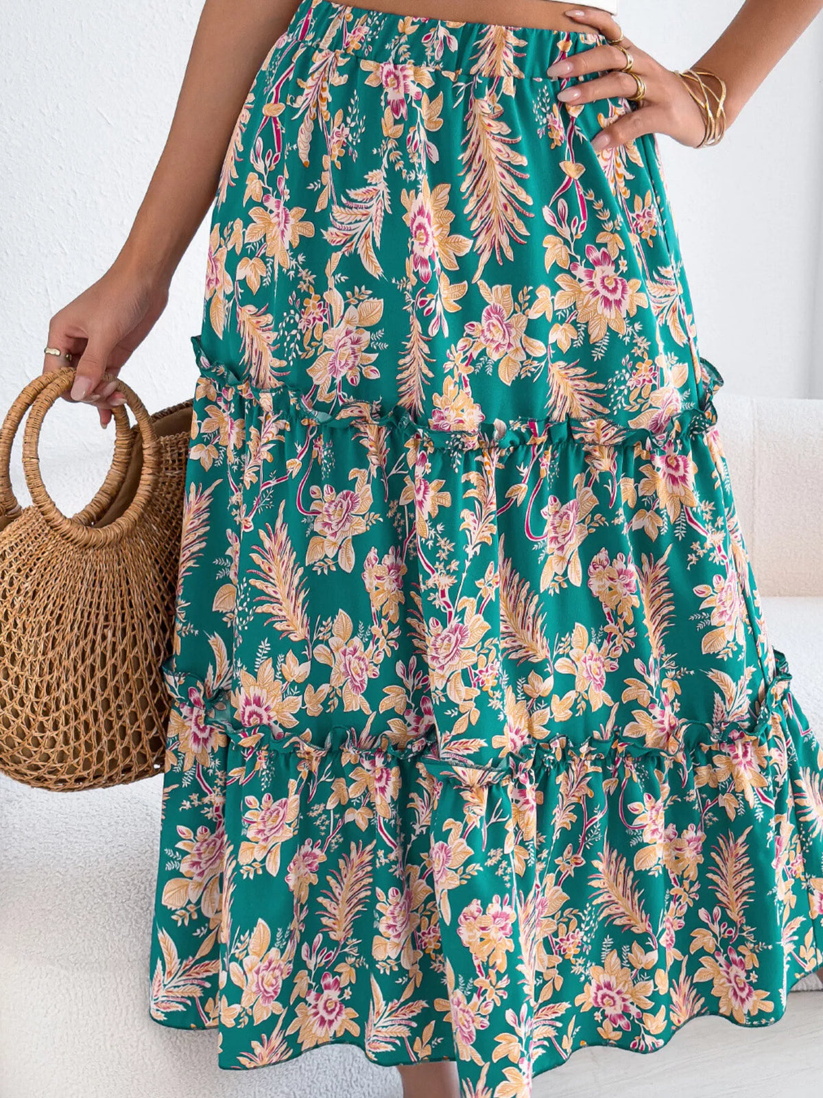 Midnight Floral Ruffle-Hem Midi Skirt