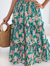 Midnight Floral Ruffle-Hem Midi Skirt