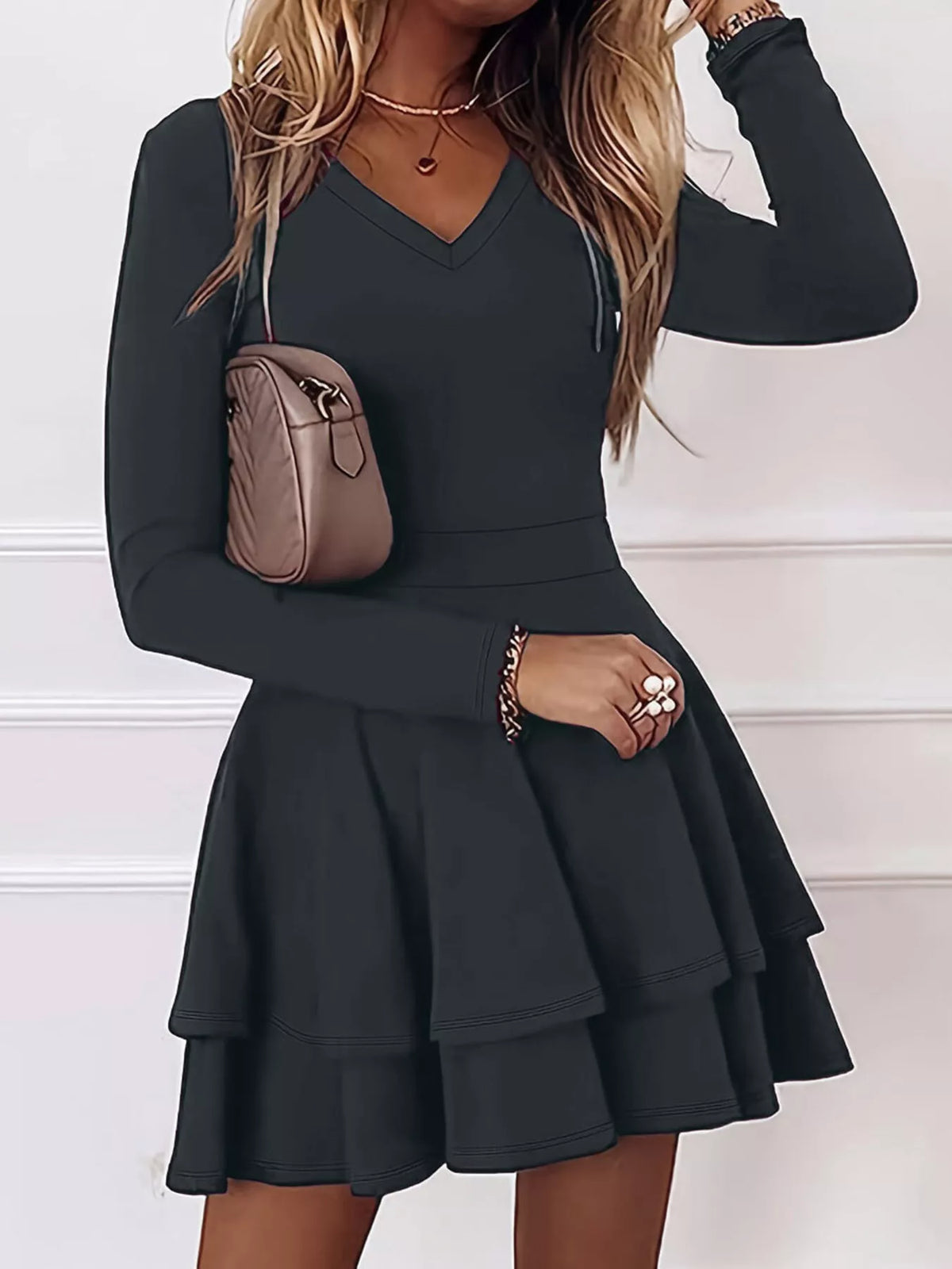 Long-Sleeve Tiered Ruffle Mini Dress