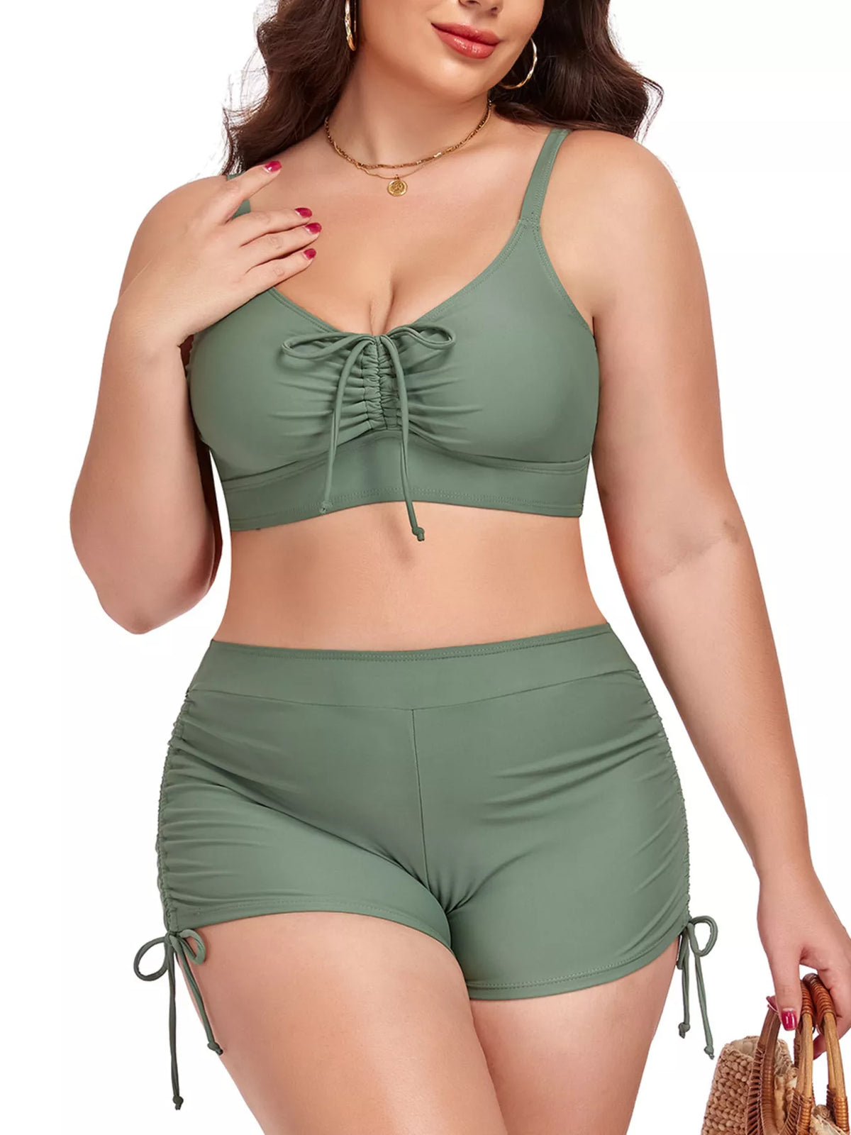 Plus Size Ruched Drawstring Swim Set