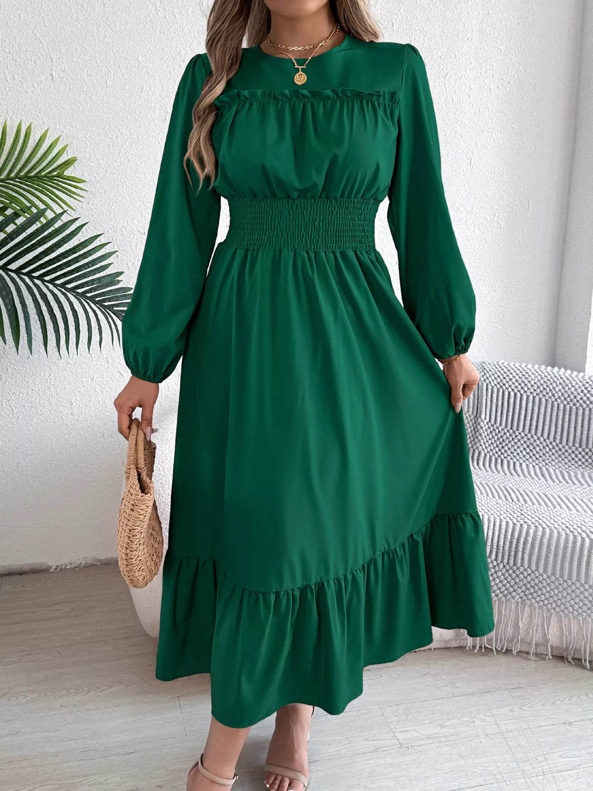Balloon-Sleeve Tiered Smocked Maxi Dress
