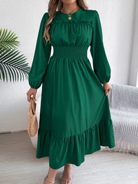 Balloon-Sleeve Tiered Smocked Maxi Dress