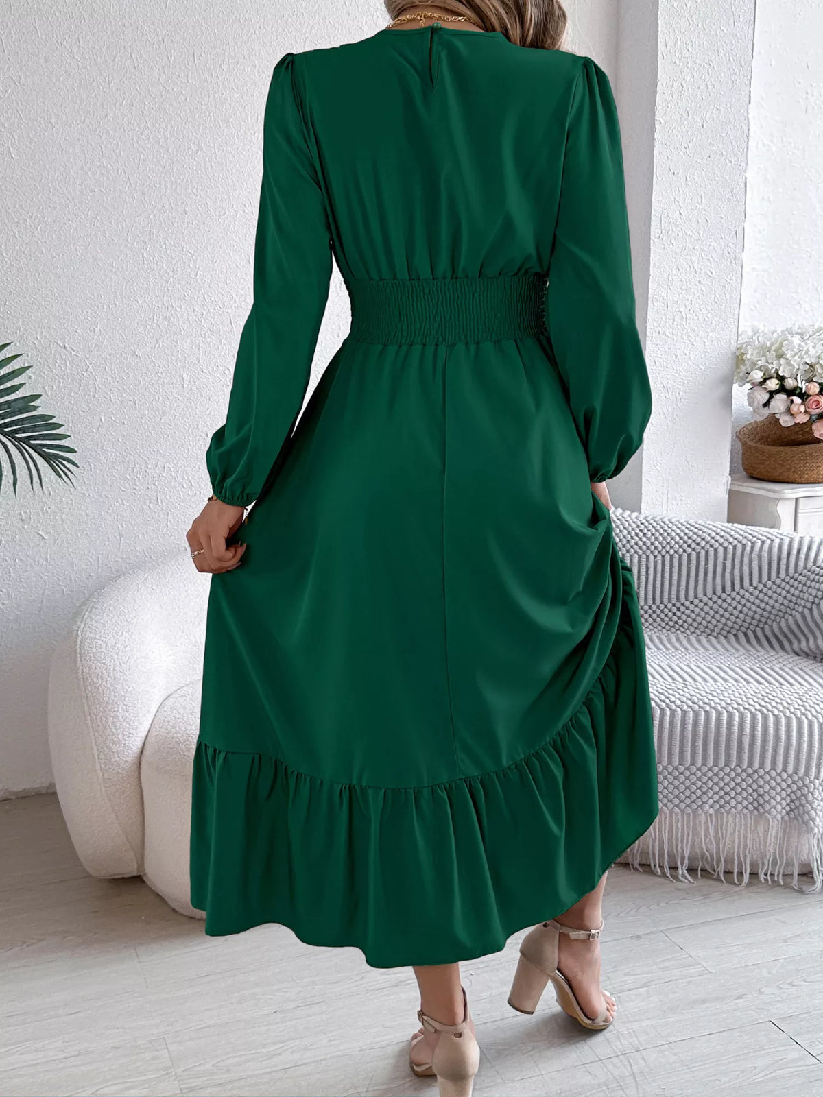 Balloon-Sleeve Tiered Smocked Maxi Dress