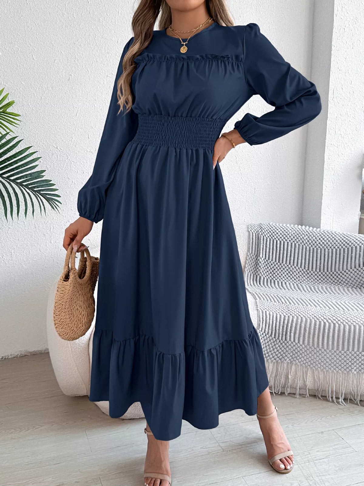 Balloon-Sleeve Tiered Smocked Maxi Dress