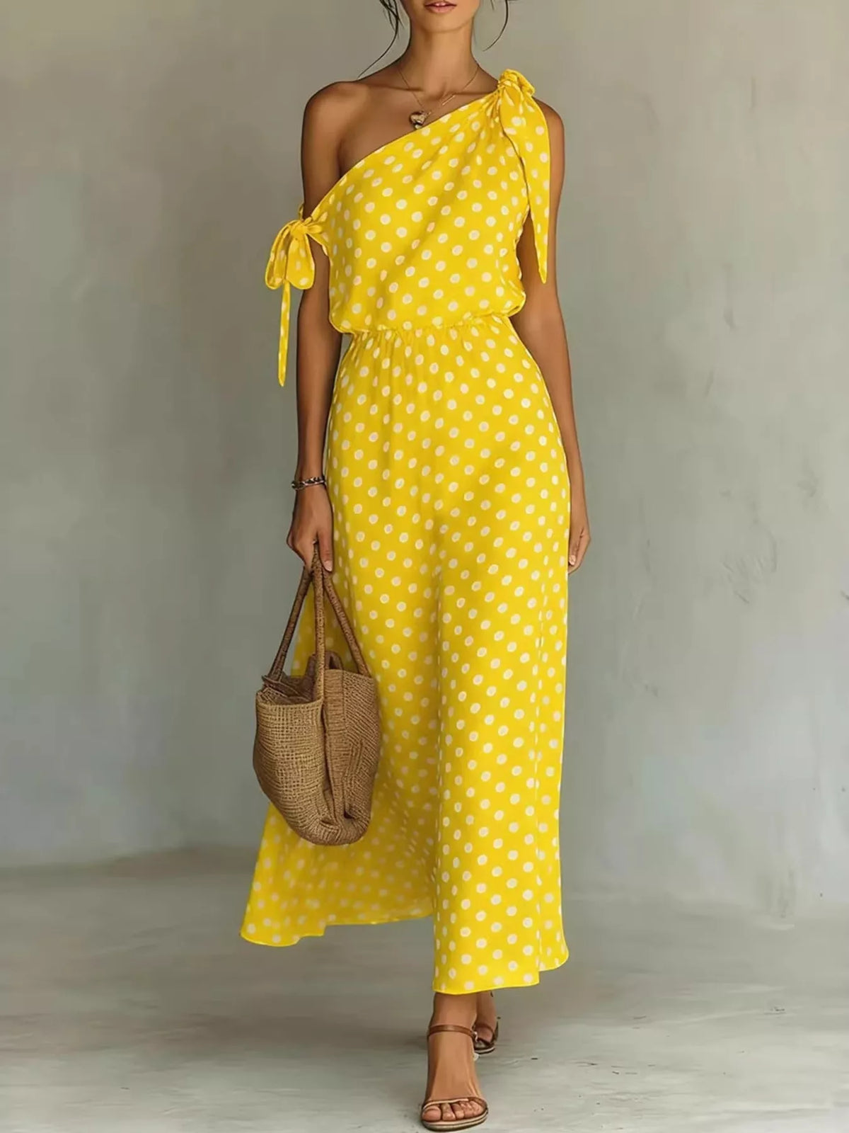 Polka Dot One-Shoulder Tie Maxi Dress