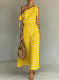 Polka Dot One-Shoulder Tie Maxi Dress