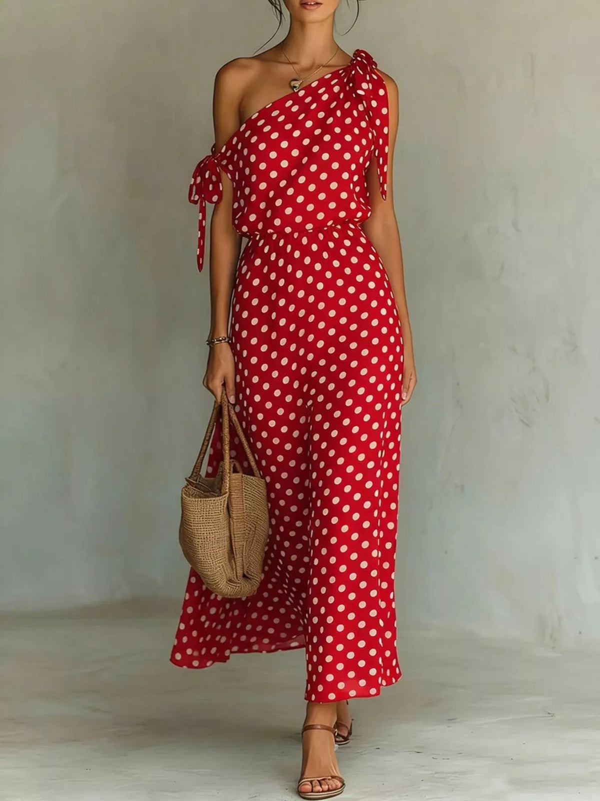 Polka Dot One-Shoulder Tie Maxi Dress