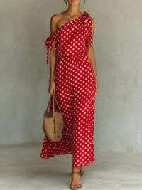 Polka Dot One-Shoulder Tie Maxi Dress