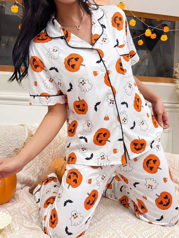 Pumpkin Print Button-Up Pyjama Set