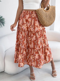 Midnight Floral Ruffle-Hem Midi Skirt