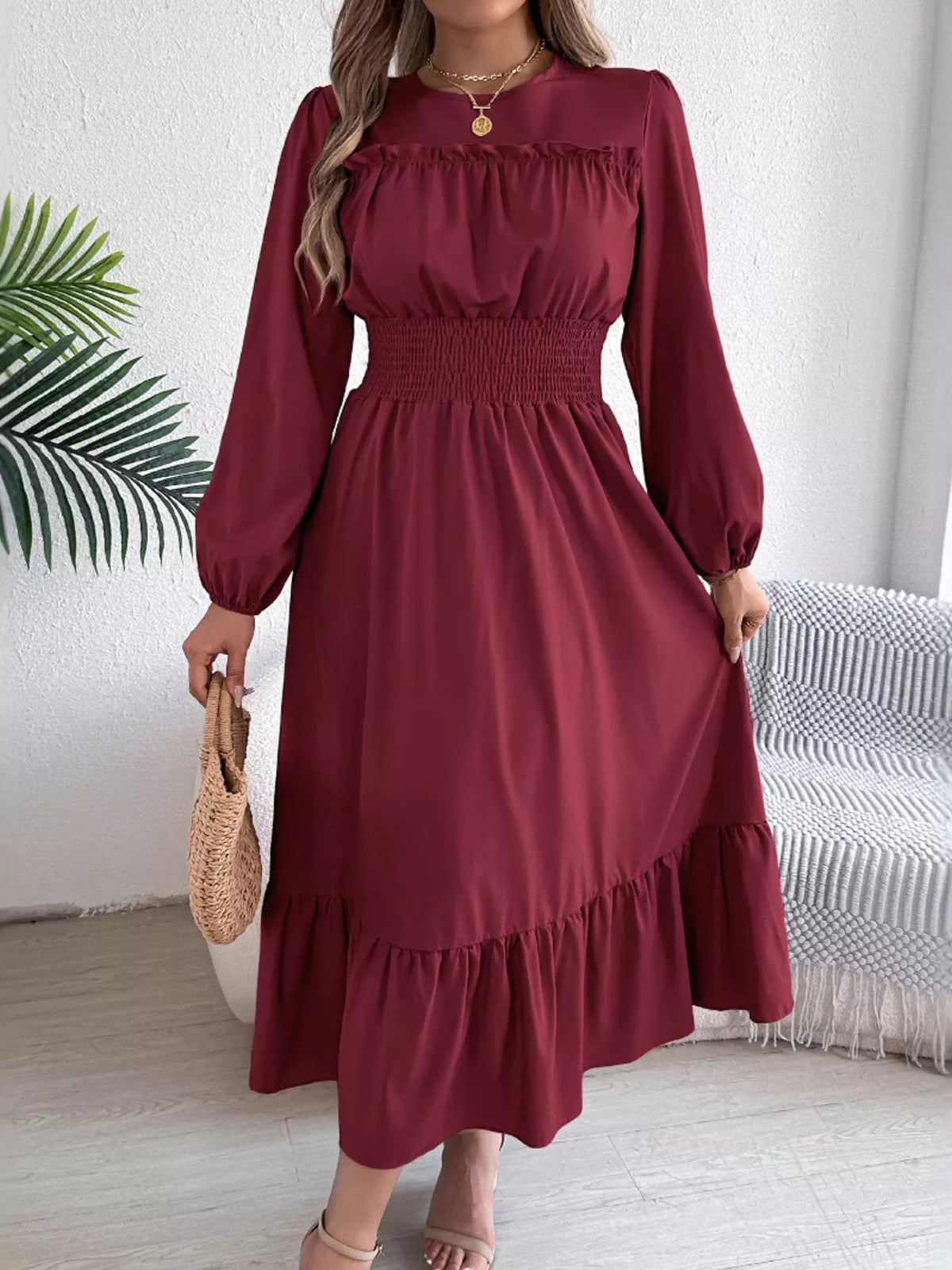 Balloon-Sleeve Tiered Smocked Maxi Dress