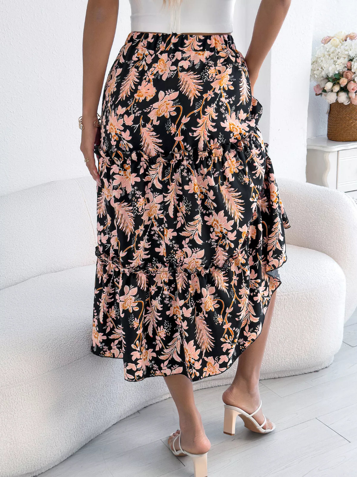 Midnight Floral Ruffle-Hem Midi Skirt