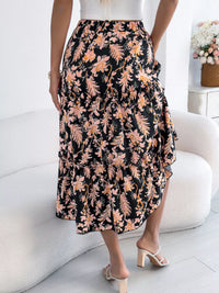 Midnight Floral Ruffle-Hem Midi Skirt