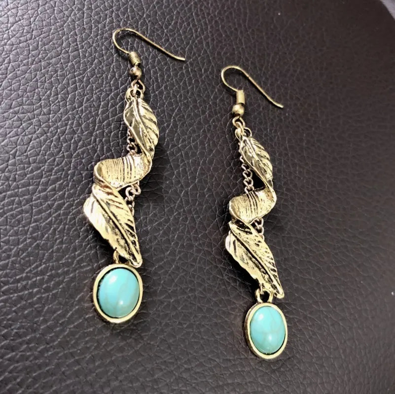 Silver Leaf & Turquoise Drop Earrings