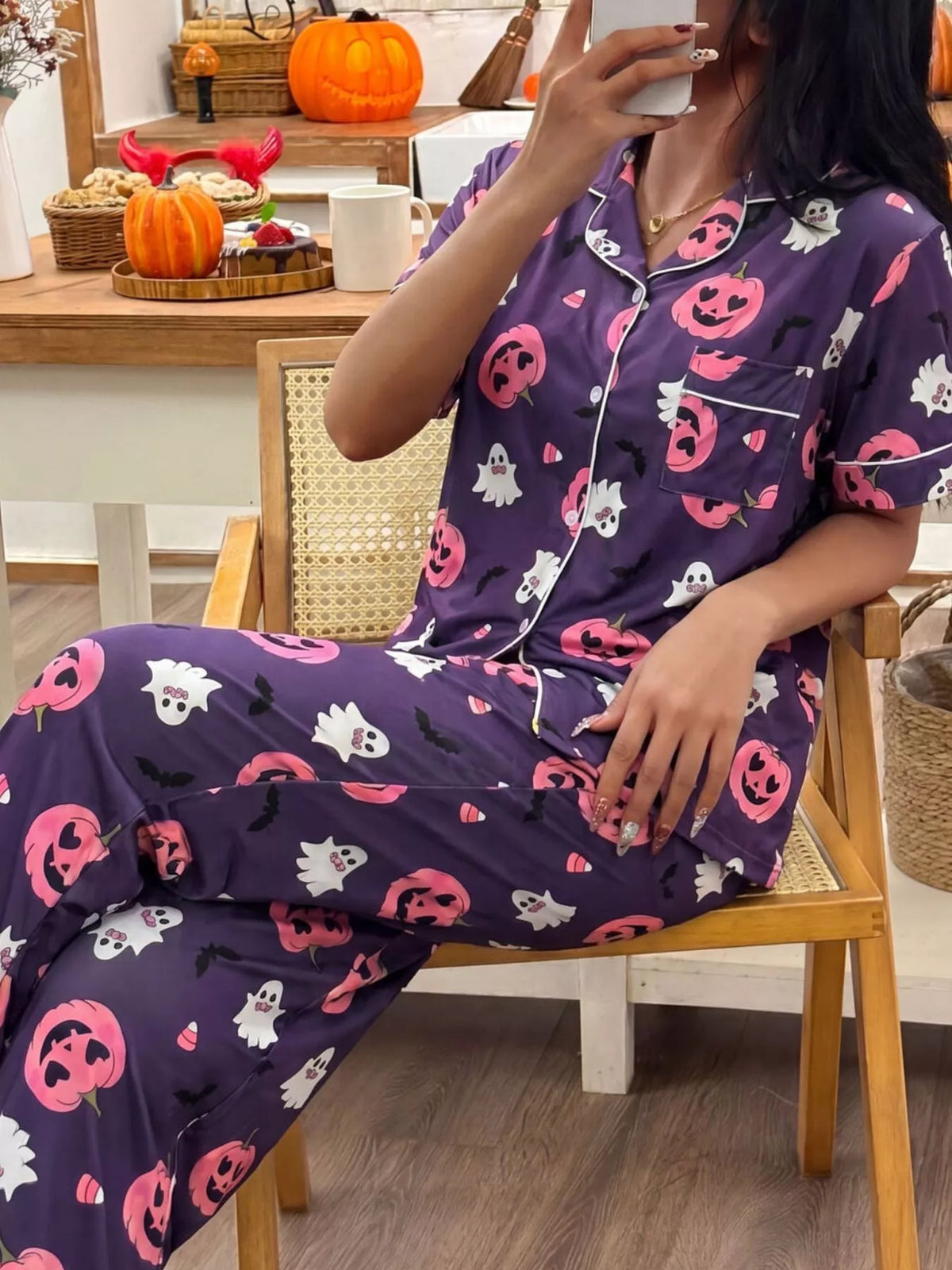 Pumpkin Print Button-Up Pyjama Set