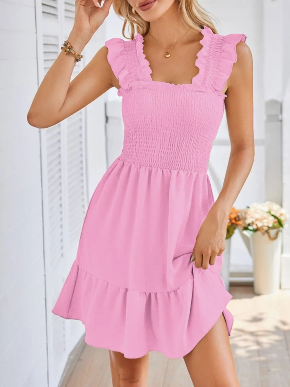 Sun-Kissed Smocked Square-Neck Dress