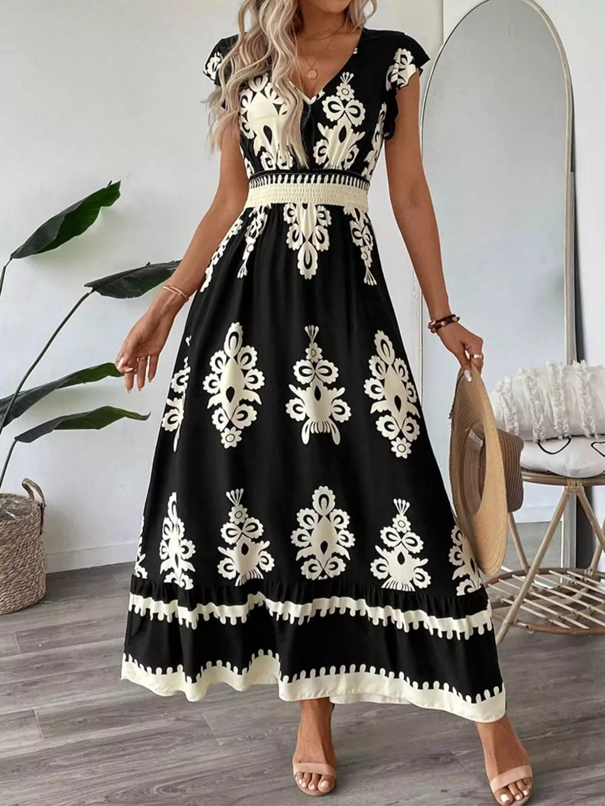 Printed Ruffle V-Neck Maxi Dress