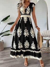 Printed Ruffle V-Neck Maxi Dress