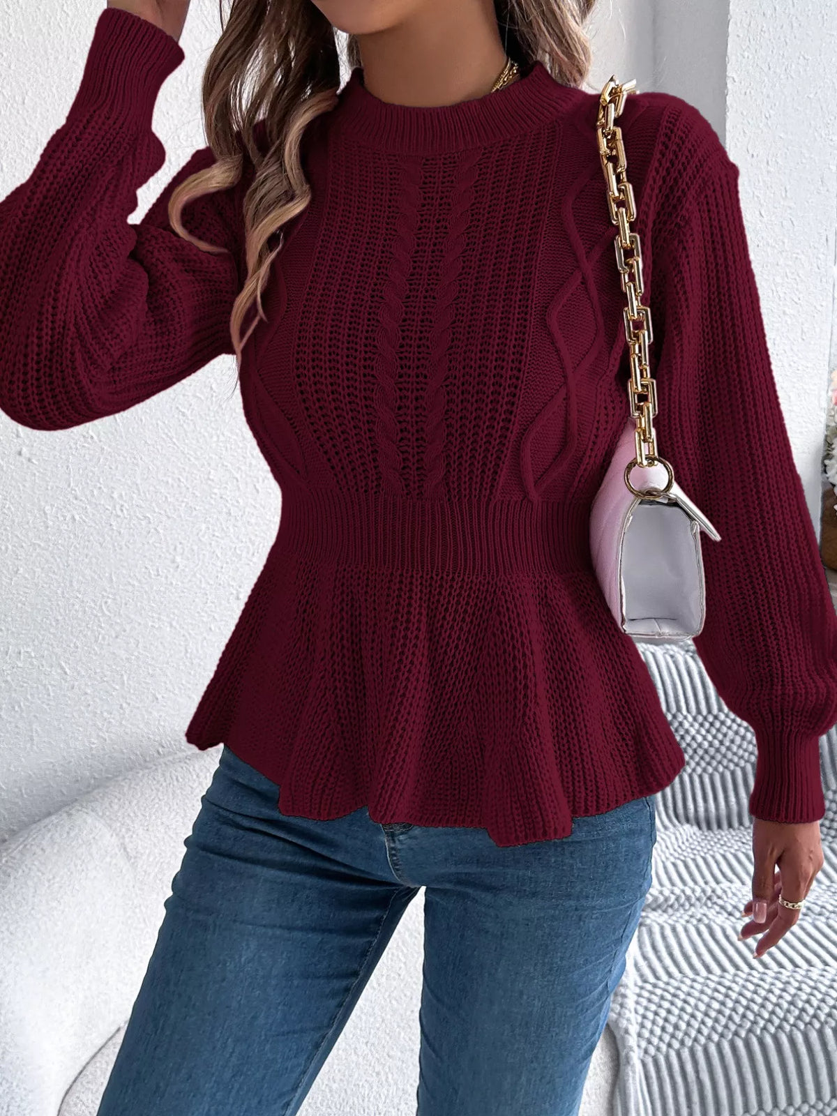 Crew-Neck Cable-Knit Peplum Jumper