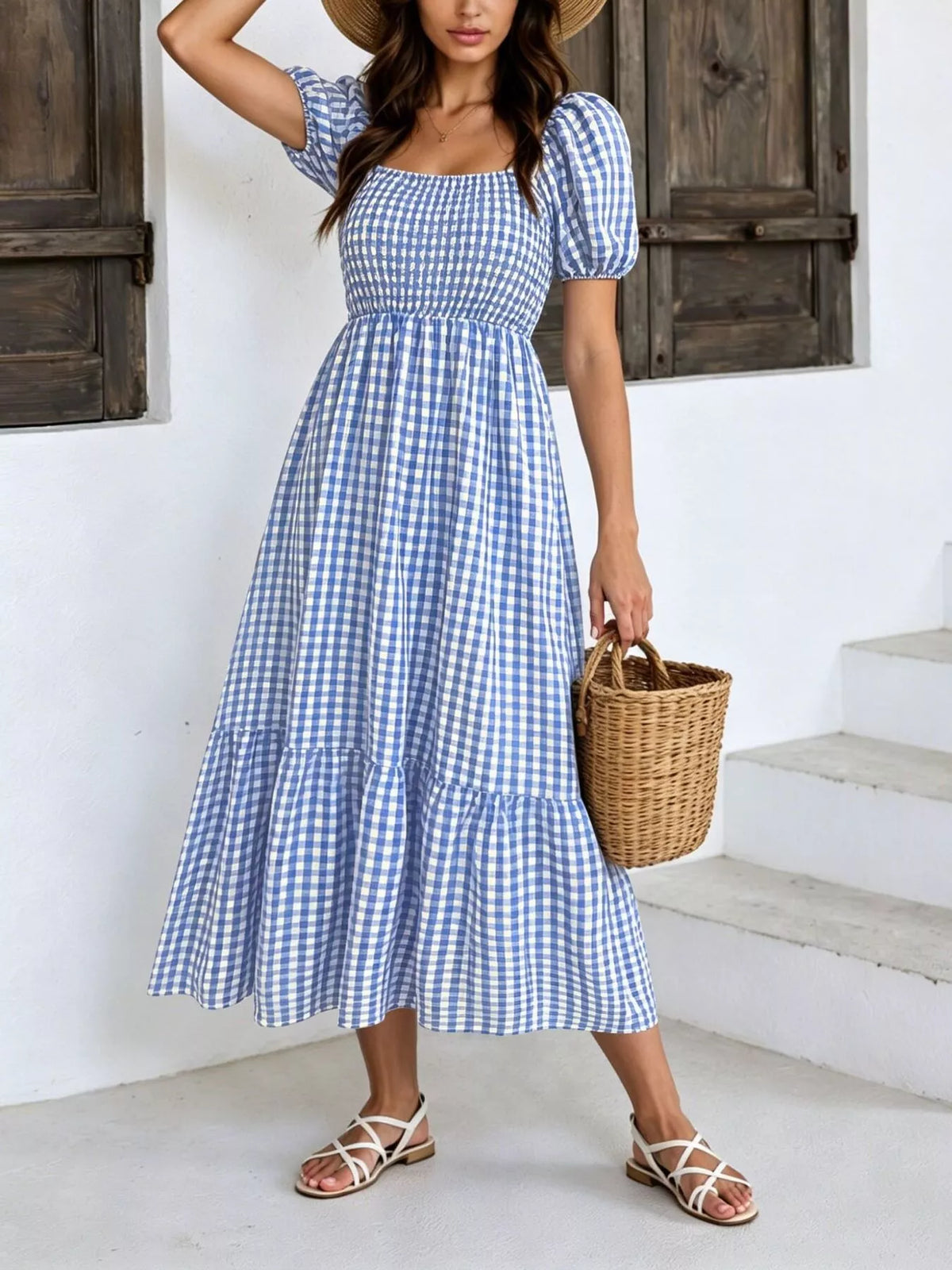 Gingham Smocked Puff-Sleeve Midi Dress